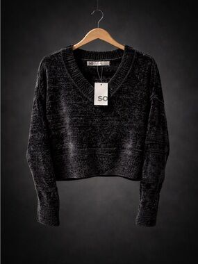 SO Black V-Neck Chenille Crop Sweater